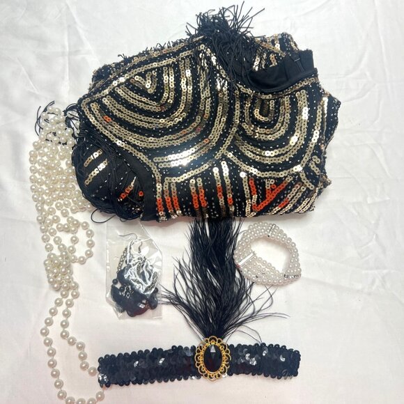 Flapper Costume Black Gold Sequins 1920s Set Size Medium - Picture 3 of 8